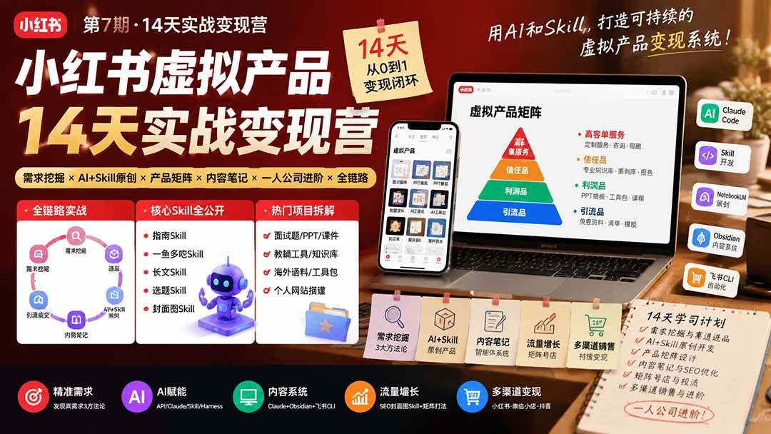 小红书虚拟产品14天实战变现营-第7期：需求挖掘×AI+Skill原创×产品矩阵×内容笔记×一人公司进阶×全链路