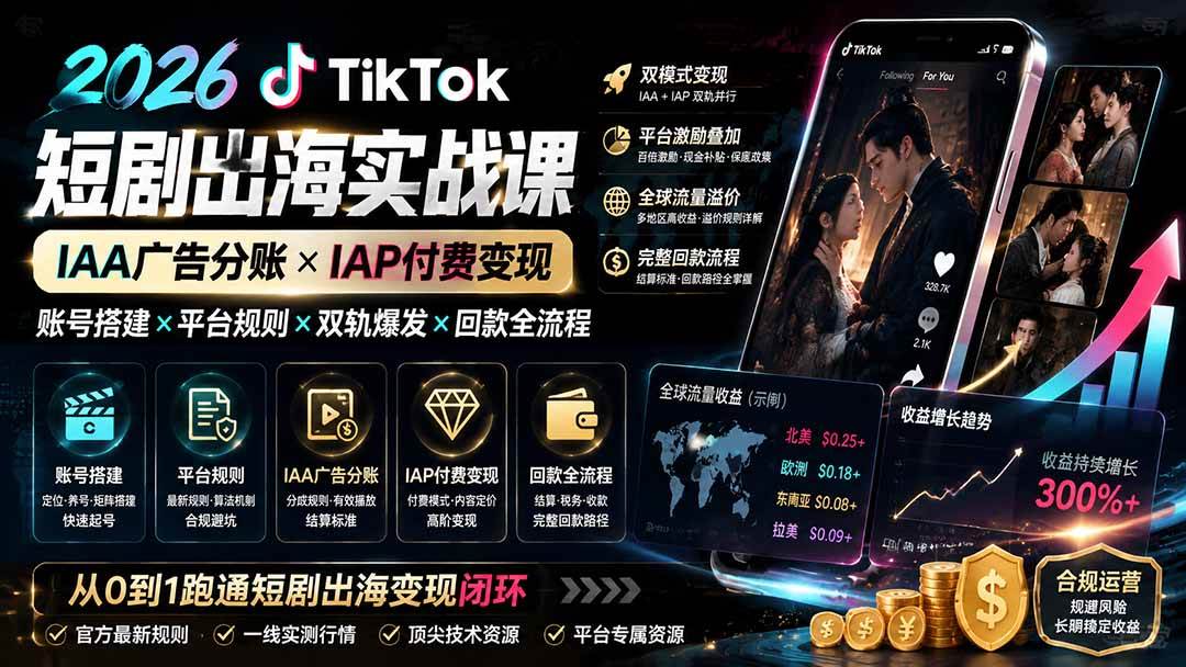 2026TikTok短剧出海实战课：IAA广告分账×IAP付费变现×账号搭建×平台规则×双轨爆发×回款全流程