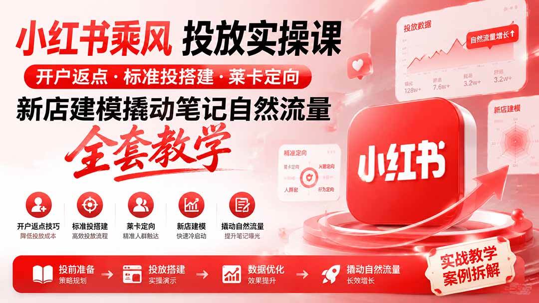 小红书乘风投放-100分钟实操课|开户返点·标准投搭建·莱卡定向,新店建模撬动笔记自然流量全套教学