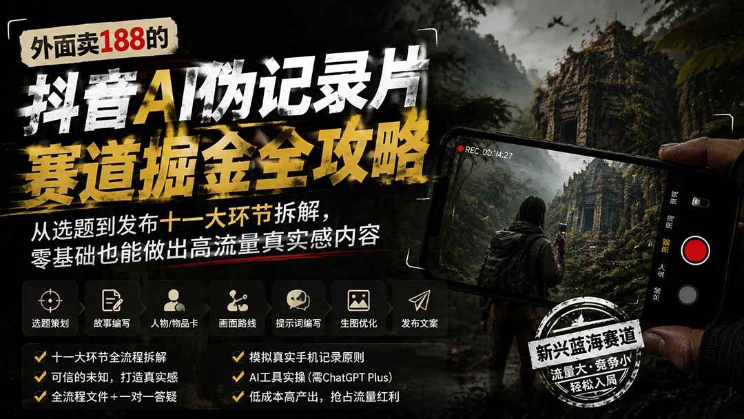 外面卖188的抖音AI伪记录片赛道掘金全攻略；从选题到发布十一大环节拆解，零基础也能做出高流量真实感内容