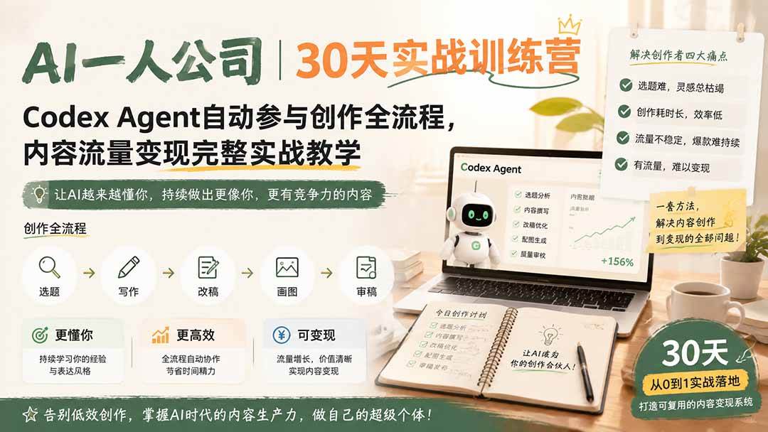AI一人公司｜30天实战训练营；Codex Agent自动参与创作全流程，内容流量变现完整实战教学