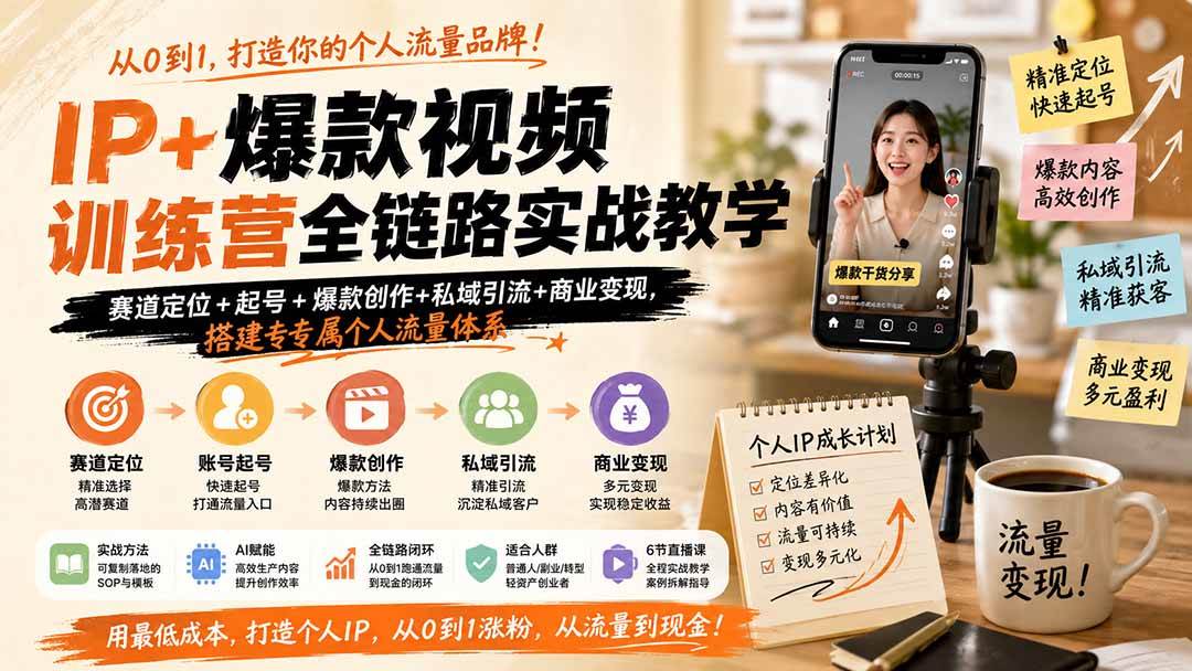 IP+爆款视频训练营全链路实战教学;赛道定位+起号+爆款创作+私域引流+商业变现,搭建专属个人流量体系