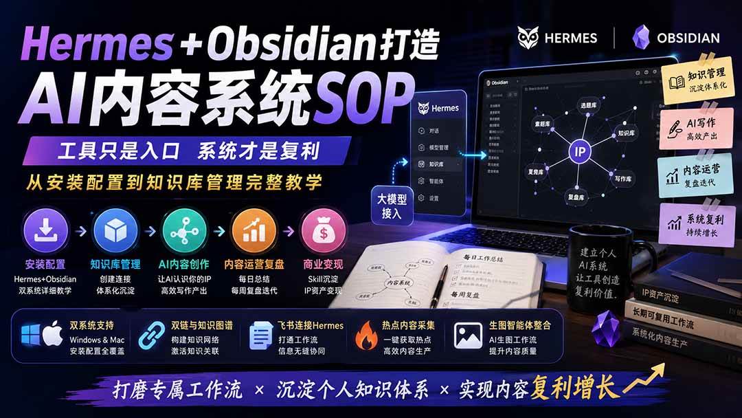 Hermes+Obsidian打造AI内容系统SOP;工具只是入口系统才是复利,从安装配置到知识库管理完整教学