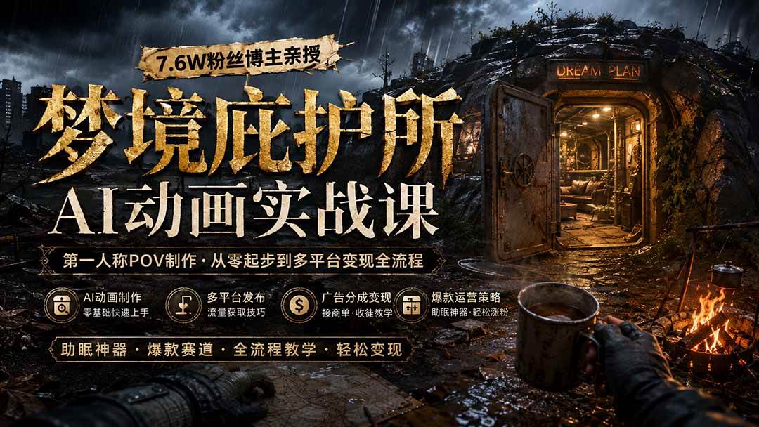 梦境庇护所AI动画实战课:7.6W粉丝博主亲授第一人称POV制作,从零起步到多平台发布变现全流程