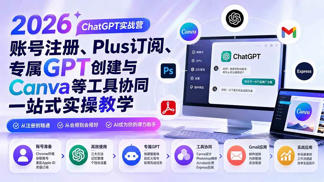 2026 ChatGPT实战营；账号注册、Plus订阅、专属GPT创建与Canva等工具协同一站式实操教学
